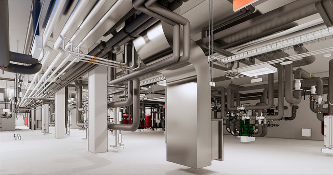 Industrial HVAC system with complex metal ductwork and piping infrastructure