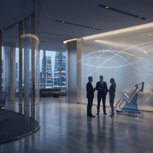 Silhouetted business professionals in a modern, high-tech office discussing a glowing blue growth arrow and digital data visualizations.
