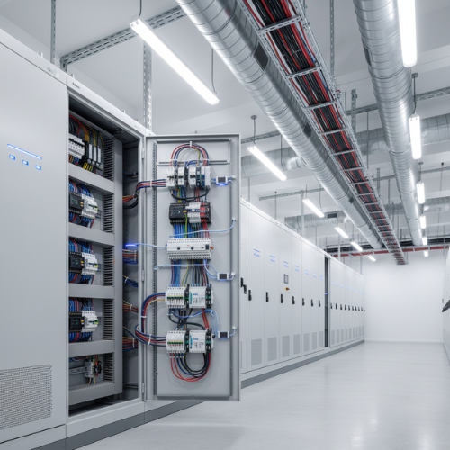 Modern Electrical Distribution Room with Open Control Panel and Wiring.