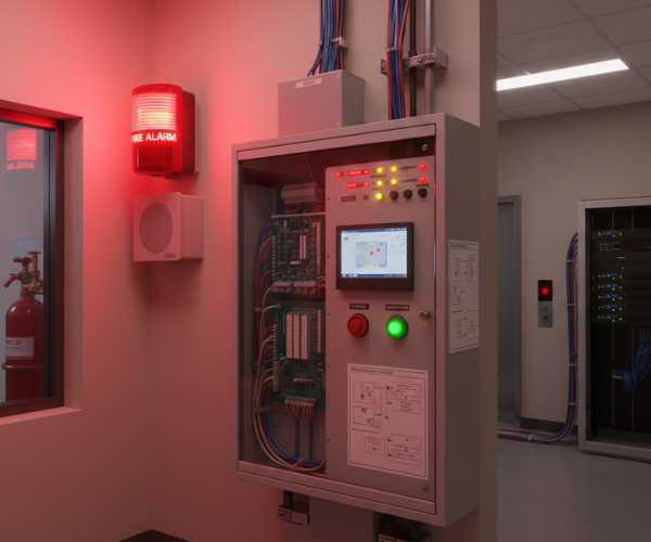 Industrial PLC control panel with HMI touch screen and VFD motor drive