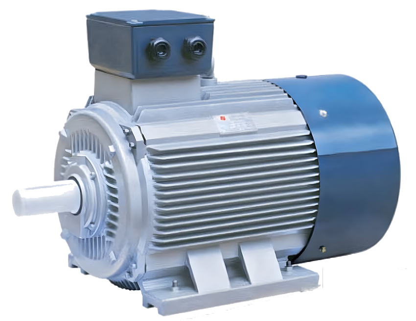 Close-up of a grey and blue industrial electric motor with cooling fins.