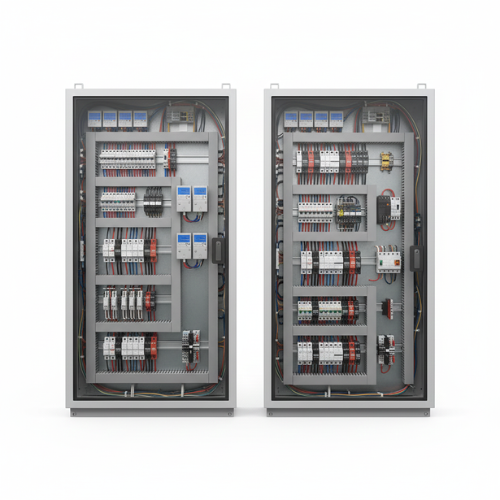 Dual industrial electrical distribution panels with circuit breakers and wiring