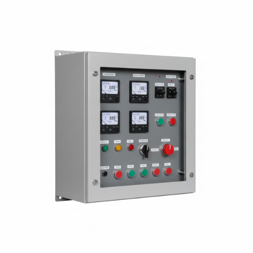 Industrial control panel with digital monitors and colorful indicator buttons