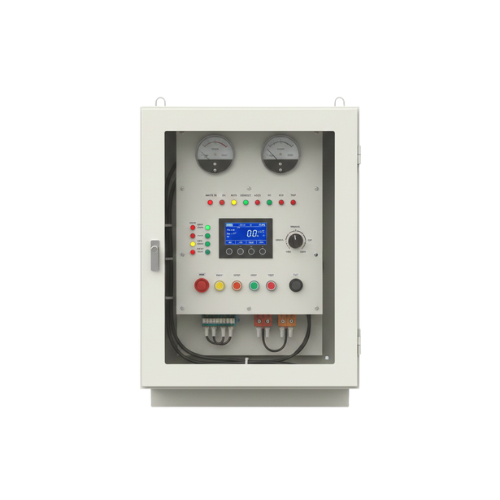 Industrial electrical control panel with digital display and analog meters