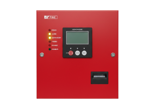 Red Industrial Fire Alarm Control Panel with Digital Display and Status LEDs.