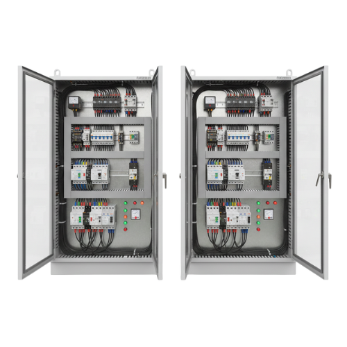 Two identical industrial electrical control panels with open glass doors.