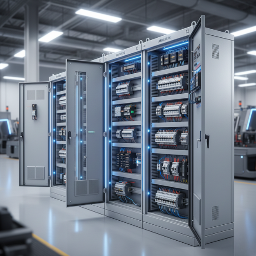 Industrial electrical control panels with open doors showing internal wiring.[