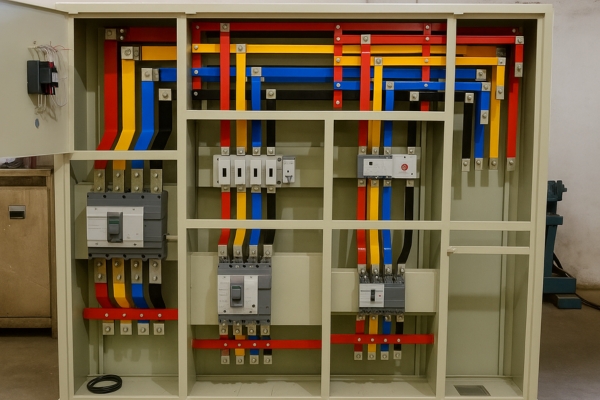 Industrial 3-phase electrical distribution panel with color-coded busbars Three Phase Electric Company