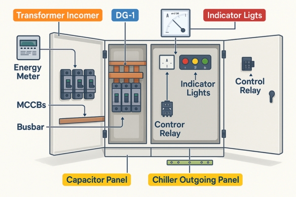 Industrial 3-phase electrical distribution panel with color-coded busbars Three Phase Electric Company