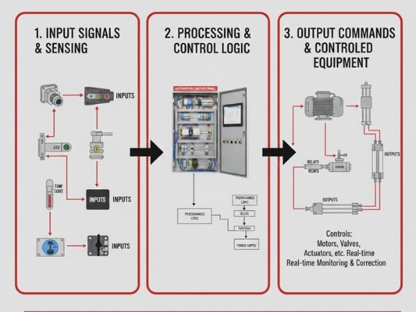 Three-Stage Industrial Automation Workflow: Input, Logic, and Output Commands