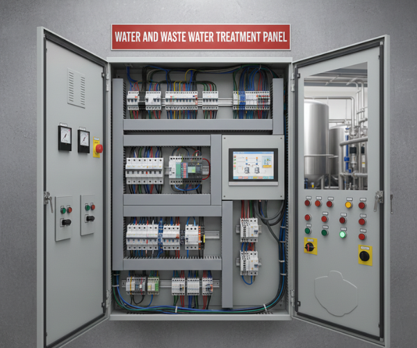 Aapke "Water and Waste Water" panel ke liye SEO-friendly alt tag aur description neeche diye gaye hain: SEO-Optimized Title (Alt Tag) Industrial Water and Wastewater Treatment Control Panel with PLC and HMI System