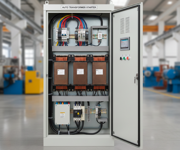 Auto transformer starter panel for three phase motor control and power regulation Three Phase Electric Company