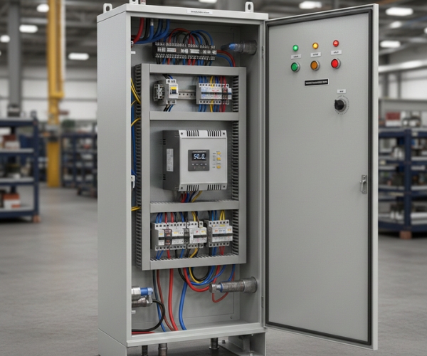 Industrial VFD control panel with motor starter and status indicator lights