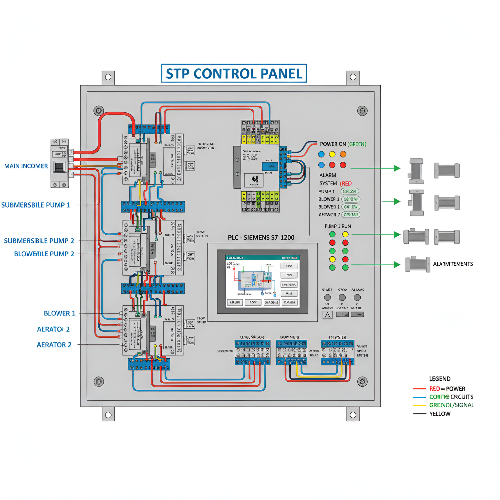 Industrial Sewage Treatment Plant STP control panel with MCBs and indicator lamps