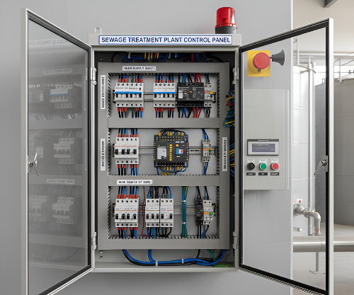 Sewage treatment plant control panel with circuit breakers and status monitor Three Phase Electric Company