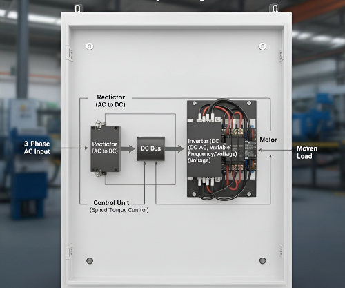 Diagram of Variable Frequency Drive VFD components from AC input to motor load