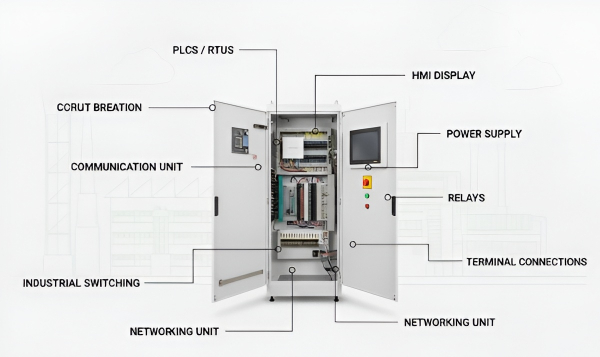 Industrial control panel with PLC, HMI, relays, and networking units Tech-Pro Engineers & Consultant