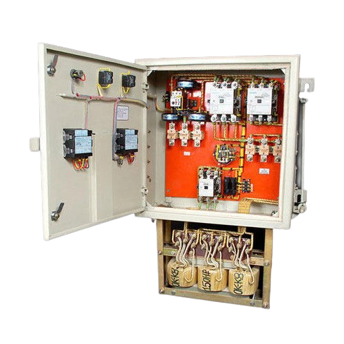 Industrial star-delta motor starter panel with contactors and transformer coils for three-phase power control by Three Phase Electric Company.