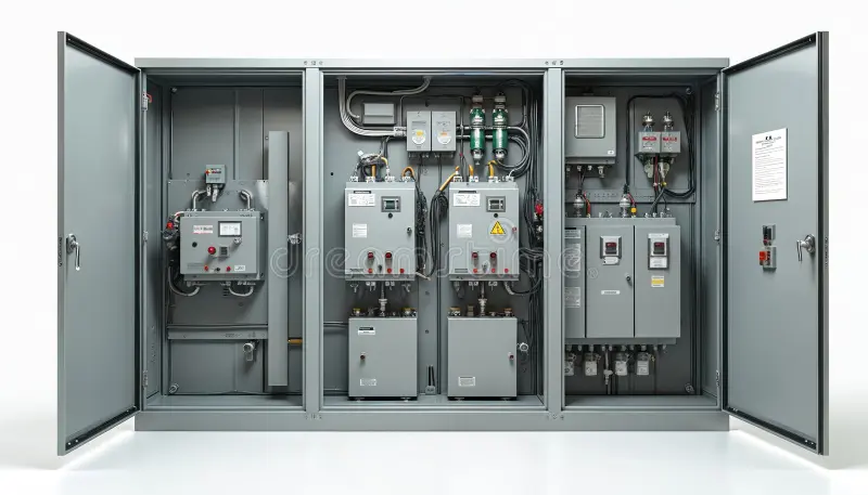 Industrial electrical control panel with circuit breakers fuses wiring and meters Three Phase Electric Company
