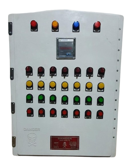 Three-phase wall-mounted electrical cabinet with 440V safety labels by Three Phase Electric Company.